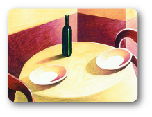 Painting depicting a dinner table with a bottle of wine.